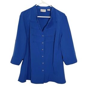 Kathy Che 18/20W Blue Blouse Roll Tab Sleeve Silver Button Casual Business